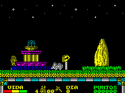 Drakkar (ZX Spectrum) screenshot: Screen 2 travelling right. The white thing reduced Erik's health, shown by the VIDA bar. It cannot be killed with his current weapon.