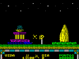 Drakkar (ZX Spectrum) screenshot: One life lost trying to kill an un-killable thing. Erik will re-incarnate at this signpost.