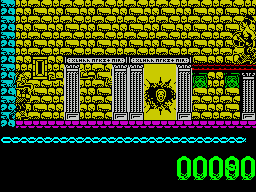 Artura (ZX Spectrum) screenshot: Artura is at the far left. Battle axes fall as though under the influence of gravity. One thrown here will hit the ground at the far right. Here a warrior has been killed scoring 10 points