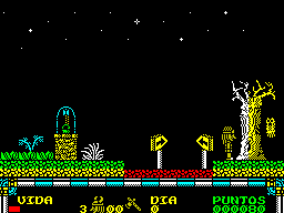 Drakkar (ZX Spectrum) screenshot: Screen 5 : The bats have been killed. Eric cannot pass the tree. What do those confusing sign posts mean?
