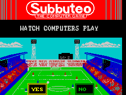 Subbuteo (ZX Spectrum) screenshot: ... which is between two computer teams and can be watched. A good way to pick up tips on game play & tactics.