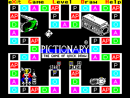 Pictionary: The Game of Quick Draw (ZX Spectrum) screenshot: The game continues, a dice is rolled, and in order to repeat the cycle the player must use the arrow keys to point to the stack of question cards, the brick like thing in the top right