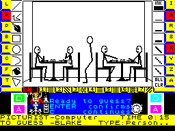 Pictionary: The Game of Quick Draw (ZX Spectrum) screenshot: At 15 seconds the player hit the space bar in desperation because the action keys did not seem to help