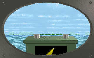 Subhunt (DOS) screenshot: Fuel cans and batteries can be found floating on the surface. They are picked up by running int them