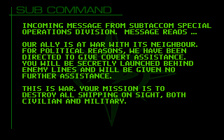 Subhunt (DOS) screenshot: Briefing for mission 1