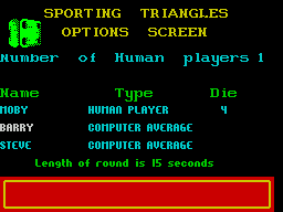 Sporting Triangles (ZX Spectrum) screenshot: A spinning dice is used to determine the order of the players