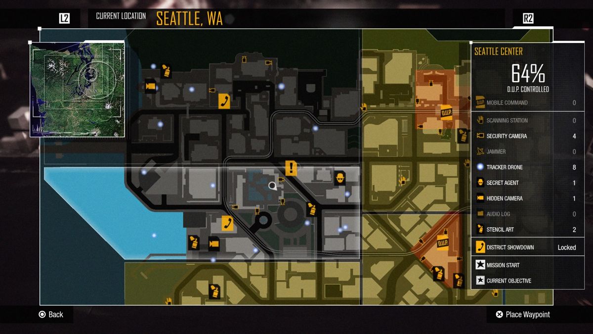 inFAMOUS: Second Son - Cole's Legacy (PlayStation 4) screenshot: Cole's Legacy - Exclamation mark on the map indicated the start of this mission