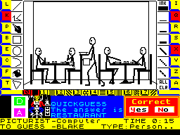 Pictionary: The Game of Quick Draw (ZX Spectrum) screenshot: The game responds by giving the answer and asking if the player got it right. Well he had two words in mind and one was the right answer so the response is Yes