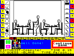 Pictionary: The Game of Quick Draw (ZX Spectrum) screenshot: That 'Well Done' was deserved. To continue the game the player(s) must point the cursor at the 'Continue game' box and press 'Fire', alternatively the 'C' action key also does the job