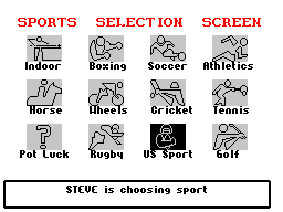 Sporting Triangles (ZX Spectrum) screenshot: .. and then each player chooses a category. When all participants have chosen a category the player must flip the disk to load the question set
