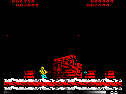 Forgotten Worlds (ZX Spectrum) screenshot: Once past the symbols and some more green men, the shop appears by rising up from the ground