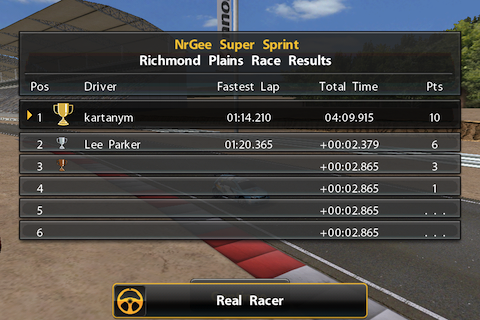 Real Racing (iPhone) screenshot: A win, and an achievement too!