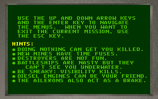 Subhunt (DOS) screenshot: Helpful hints. I like the 'Do Nothing That Will Get You Killed', it's worked for me both in games and in life .... so far.