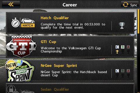 Real Racing (iPhone) screenshot: A host of tournaments in career mode to choose from, each with three classes.