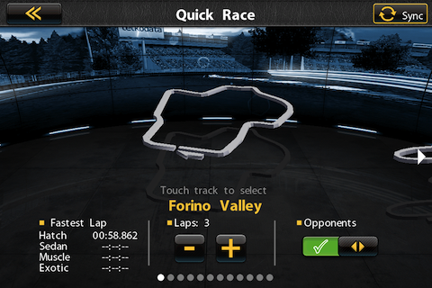 Real Racing (iPhone) screenshot: Every track has its own style, be it long straights or tight turns.