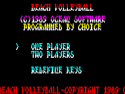 Beach Volley (ZX Spectrum) screenshot: The main game menu.