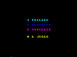 Score 3020 (ZX Spectrum) screenshot: The next screen is the game's menu screen. The credits for the game's developers float up from the bottom of the screen, one name at a time