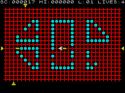 Transversion (ZX Spectrum) screenshot: Tracking right to left across the grid. There's a missile directly behind the ship. missiles & ship travel at the same speed so a sharp turn is called for here