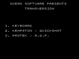 Transversion (ZX Spectrum) screenshot: The game's only menu screen allows the player to select the controller of their choice. This is the screen the player returns to when all lives have been lost
