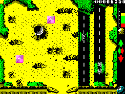 Score 3020 (ZX Spectrum) screenshot: The building has gone, now so has a tank. The ball gets stuck in the right corner of this screen because every time it tries to get out its pushed back by bullets from the guns on the left