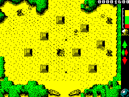 Score 3020 (ZX Spectrum) screenshot: The building in the middle has been destroyed by being hit with the pinball. The ball then escapes through the gap at the top of the screen...