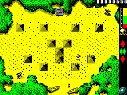 Score 3020 (ZX Spectrum) screenshot: The ball bounces around a lot, it moves oddly because it responds to being hit by bullets from the scattered gun emplacements.