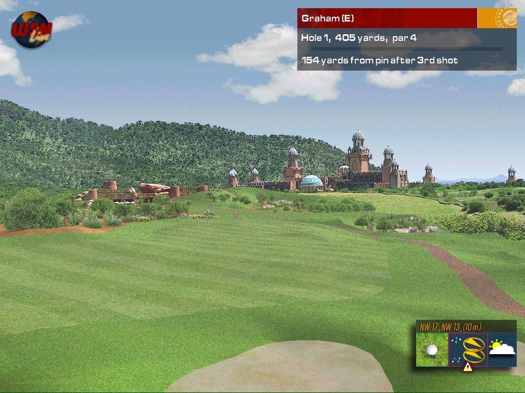 Pro 18 World Tour Golf (Windows) screenshot: The reverse view of the first hole of the Lost City course. The ball is in there somewhere, it's a single pixel on the edge of the fairway just above the bunker