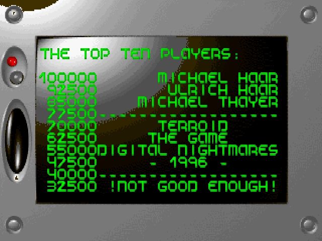 Terroid (Windows) screenshot: The high score table comes pre-populated with the developer's names<br><br>Demo version