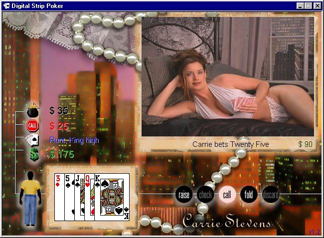 Digital Strip Poker featuring Carrie Stevens (Windows) screenshot: Carrie bets twenty-five without shorts (White-blue outfit round 2)