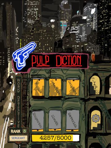 Pulp Diction: Word Detective (iPad) screenshot: Main Menu - Unlocking the detective ranks for harder levels.