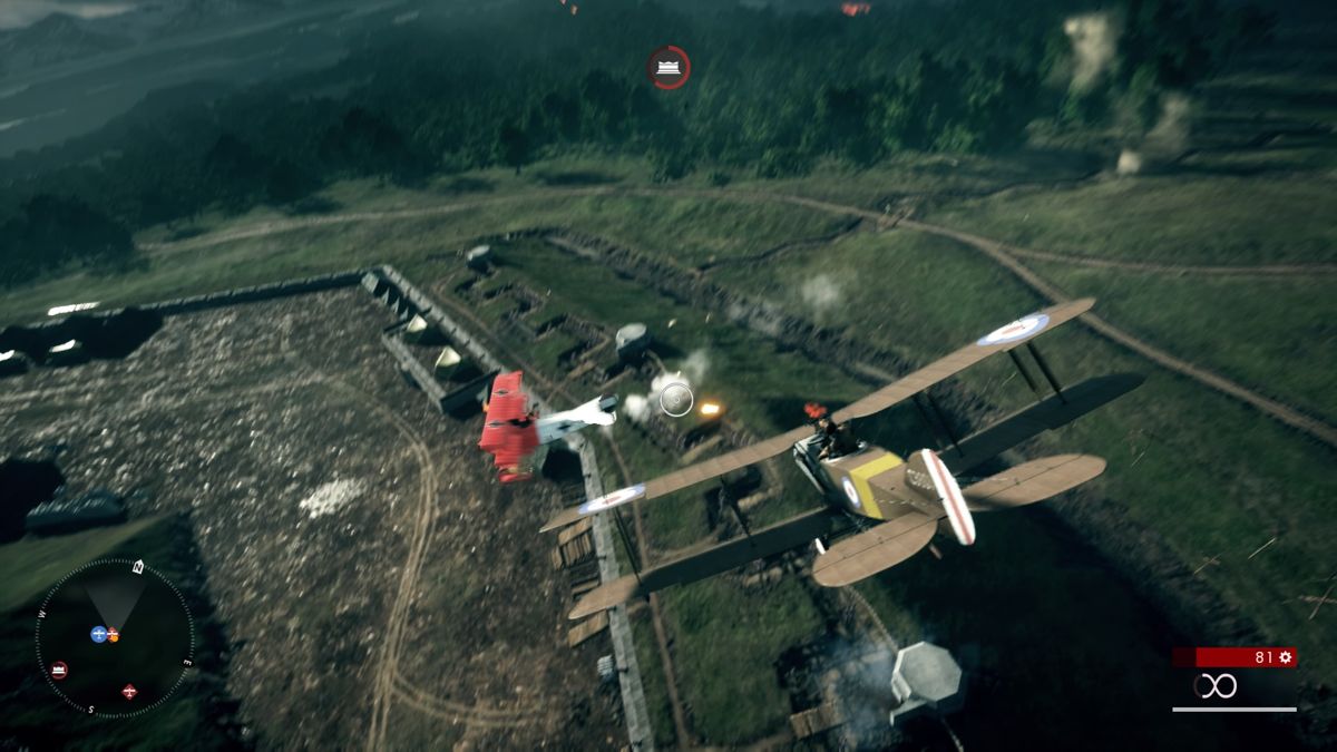 Battlefield 1 (PlayStation 4) screenshot: Clearing the planes around the fortress and keeping your bombers safe until they drop their payload
