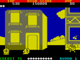 Pac-Land (ZX Spectrum) screenshot: The first round takes place in a town.