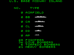 Battle for Midway (ZX Spectrum) screenshot: Aircraft report for Midway island