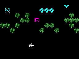 Xcel (ZX Spectrum) screenshot: Attacking a planet switches to a side-scrolling mode where you control a shuttle.