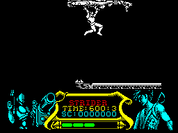 Strider (ZX Spectrum) screenshot: The game starts with Strider being brought in by air and being dropped onto the platform