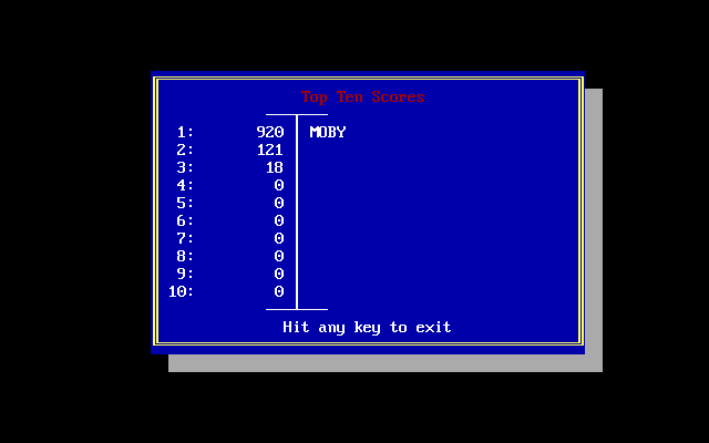 Big Bob's Drive-In (DOS) screenshot: The Hi-Score table. The top one was achieved during game-play, the other two are pre-populated