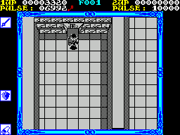 Shackled (ZX Spectrum) screenshot: The key, when collected, shows at the top of the screen, and allows the character to open the locked door ahead