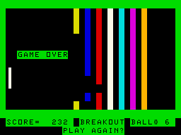 Micro Games (TRS-80 MC-10) screenshot: Game over (Breakout)