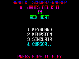 Red Heat (ZX Spectrum) screenshot: The game menu screen, the colours alternate in an awful way