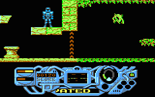 Rad Warrior (TRS-80 CoCo) screenshot: Found the power suit, but can't take off yet