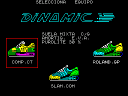 Professional Tennis Simulator (ZX Spectrum) screenshot: Equipamiento: Option 2 from the main menu allows the player to customise the characters kit, first shoes...