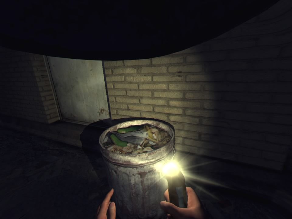 L.A. Noire: The VR Case Files (PlayStation 4) screenshot: Using the flashlight to search for evidence in the alley