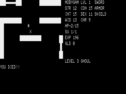 Telengard (TRS-80) screenshot: My HP falls and the Ghoul kills me!