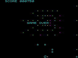 Meteor Storm (ZX Spectrum) screenshot: Game over. The last ship went in another pretty shower of sparks