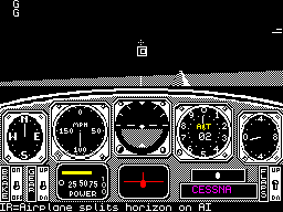 Chuck Yeager's Advanced Flight Simulator (ZX Spectrum) screenshot: Elevator setting 1/3 up, VR=Glareshield to horizon, IR=Airplane splits horizon on AI. are the last three messages