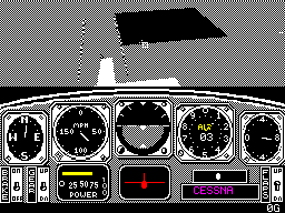 Chuck Yeager's Advanced Flight Simulator (ZX Spectrum) screenshot: The test flight can continue on its own or the player can take control, here the plane is in a bit of a dive