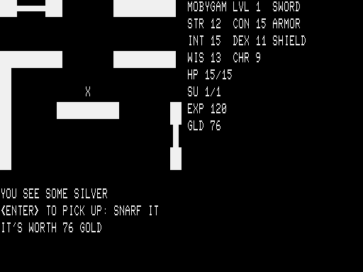 Telengard (TRS-80) screenshot: Found some silver - grab that 76 gold oh yeah