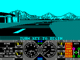 Hard Drivin' (ZX Spectrum) screenshot: The start of the game. The car goes no-where unless the key in the ignition is turned. Cue much reaching for the manual and frustrated hitting of keys