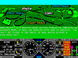Hard Drivin' (ZX Spectrum) screenshot: This is saying what a revolutionary simulation the game is, I think. Shame that after all the work of developing the game he writing is so hard to read.