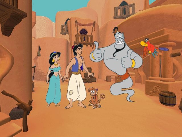 Disney's Math Quest with Aladdin (Windows) screenshot: Chatting it up in the streets of Agrabah, not knowing the danger that is about to strike